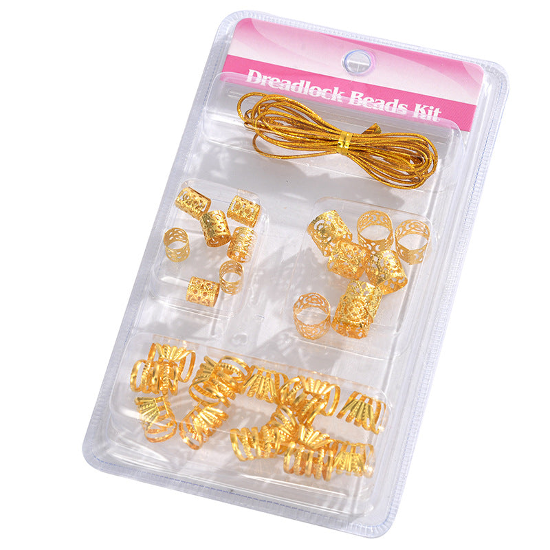 Gold Wire Dreadlocks Hair Extension Rings & Metal Hollow Flower Tubes Set