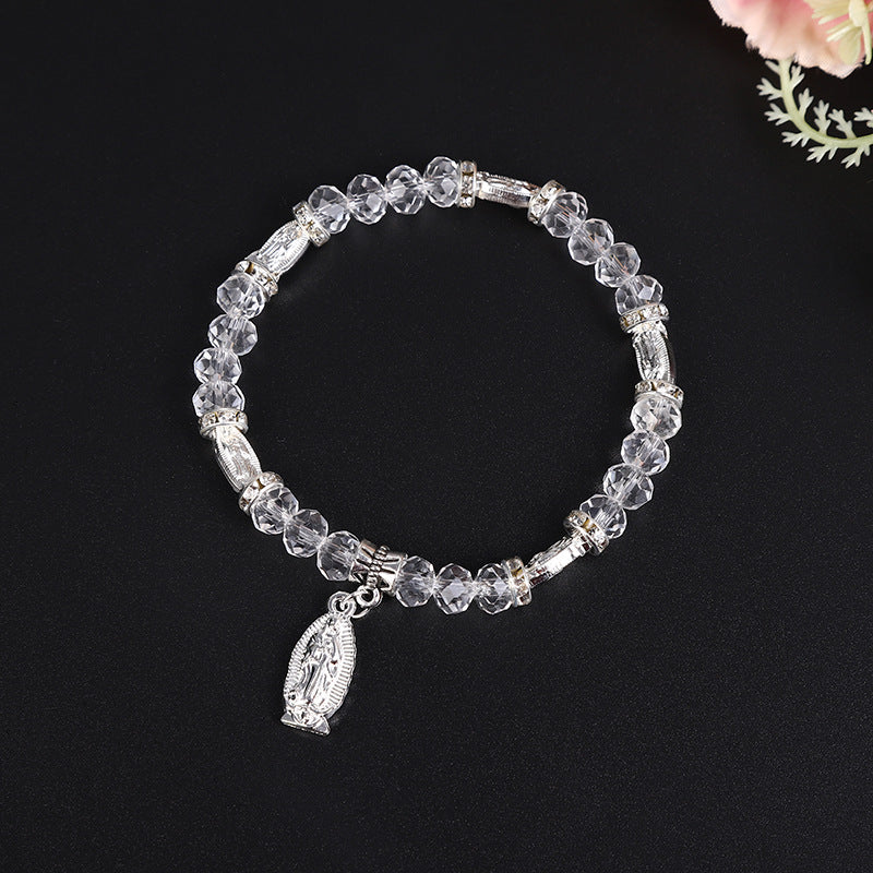 Factory Direct Transparent Crystal Glass Beads Bracelet with Our Lady Pendant, Elastic Design