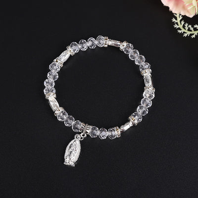 Factory Direct Transparent Crystal Glass Beads Bracelet with Our Lady Pendant, Elastic Design