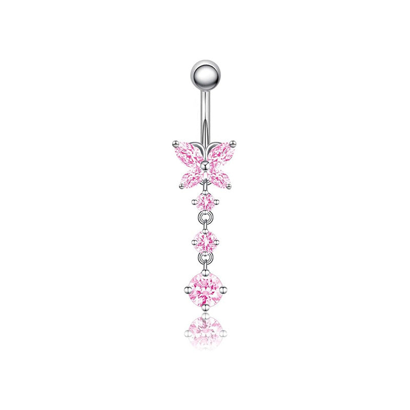 Heart Shape Zircon Inlay Stainless Steel Belly Ring with Pink Butterfly Pendant