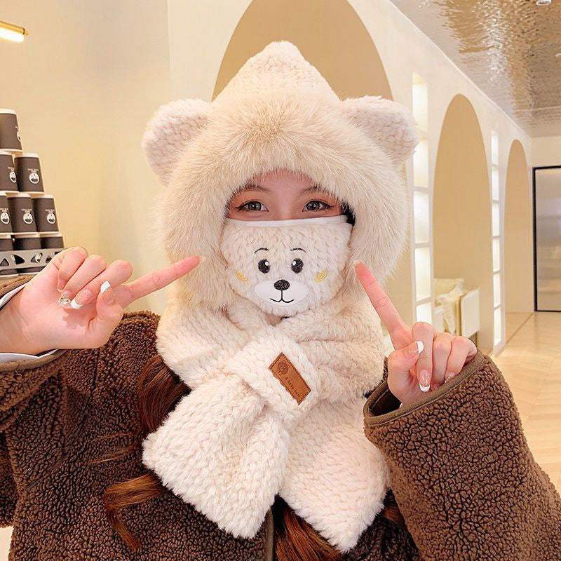 Women's Adorable Solid Color Woolen Scarf, Hat, and Gloves Set with Bear Design