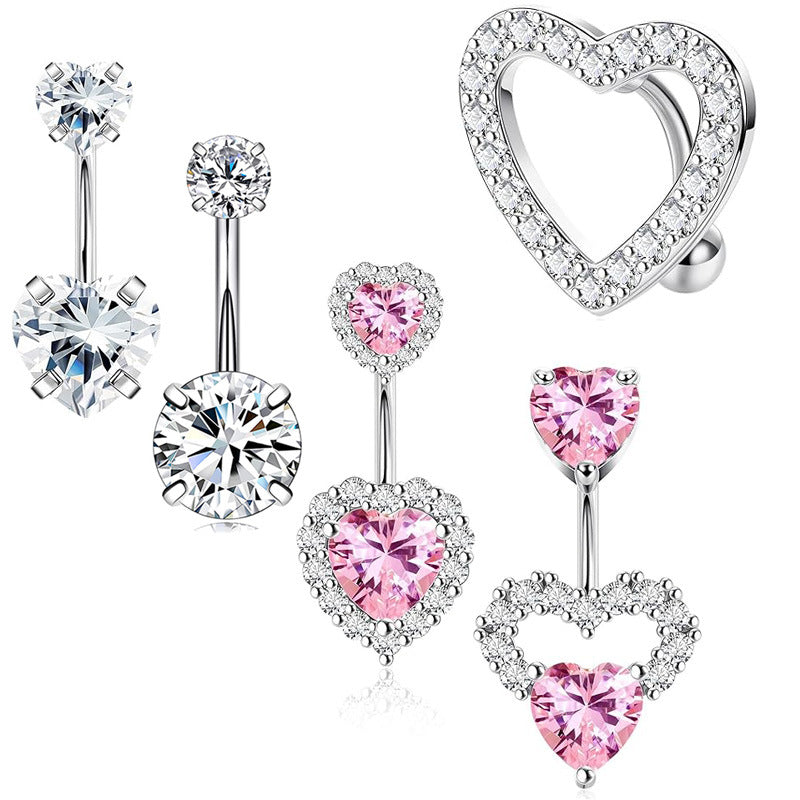 Heart Shape Rhinestone Inlay 316 Stainless Steel Belly Rings Set