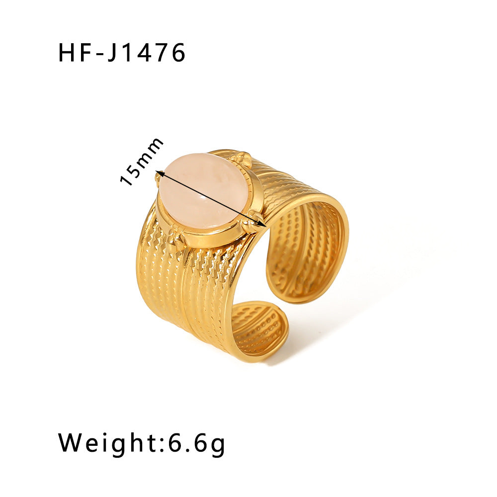 Basic Vintage Style Round Stainless Steel Plating Inlay Natural Stone 18K Gold Plated Open Rings