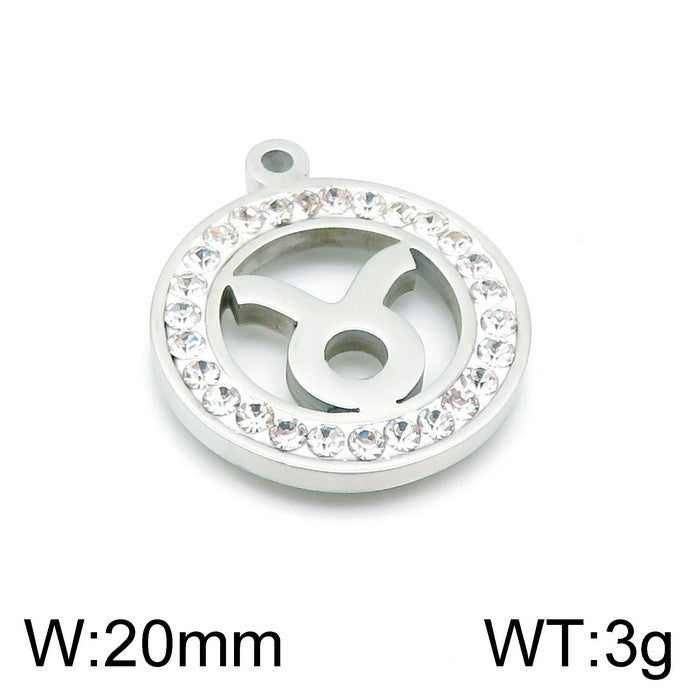 Classic Stainless Steel Zodiac Constellation Pendant Necklace with Rhinestone Inlay