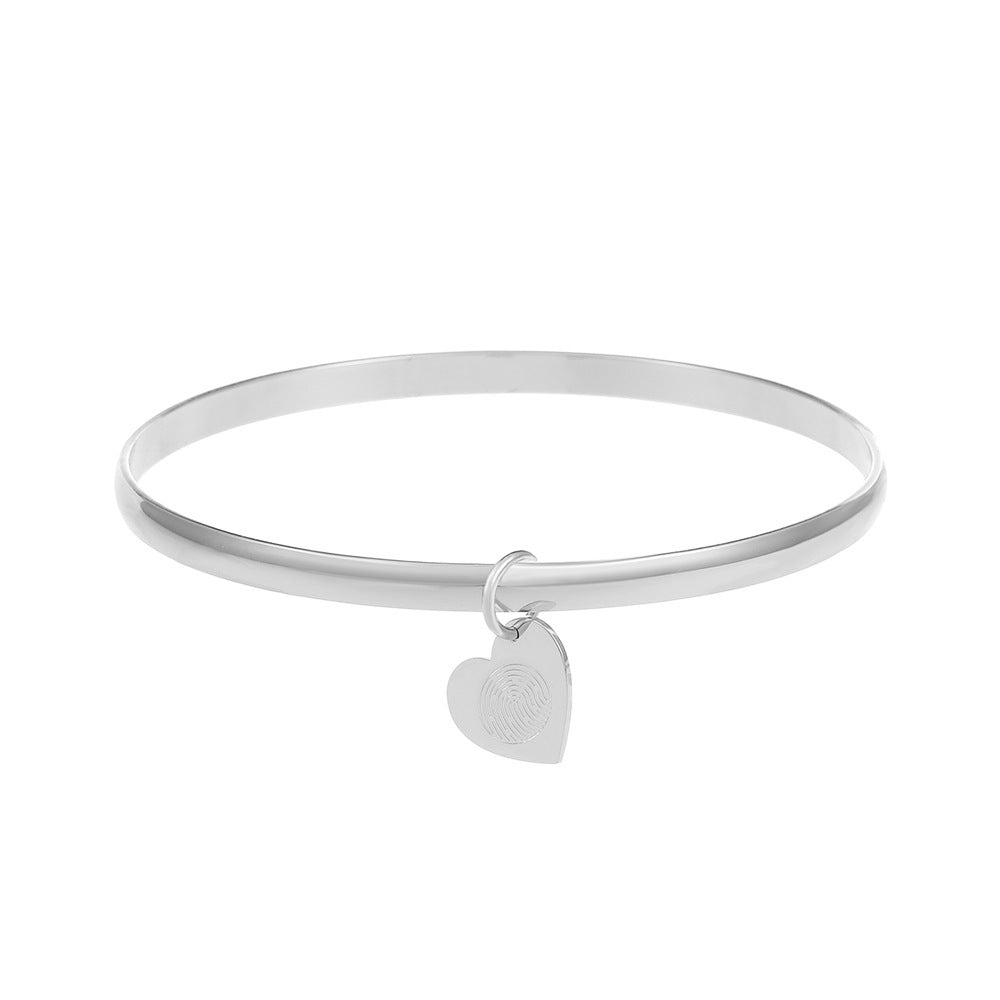 Simple Heart Shape Stainless Steel Bangle with Fingerprint Design for Couples and Friends Gift