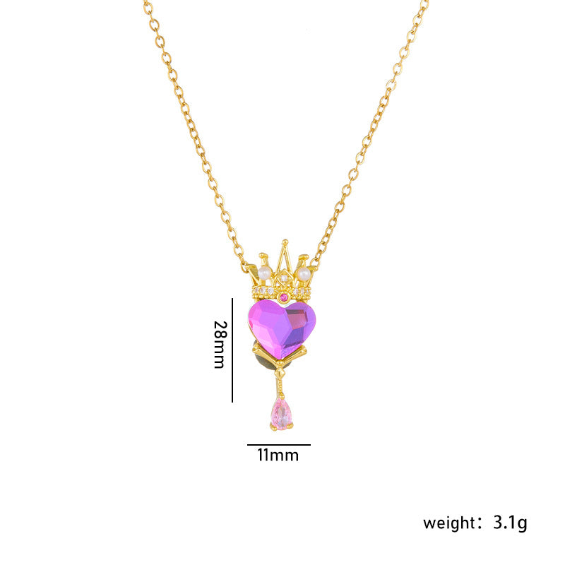 Gold Plated Heart Crown Pendant Necklace - Titanium Steel Pink Clavicle Chain