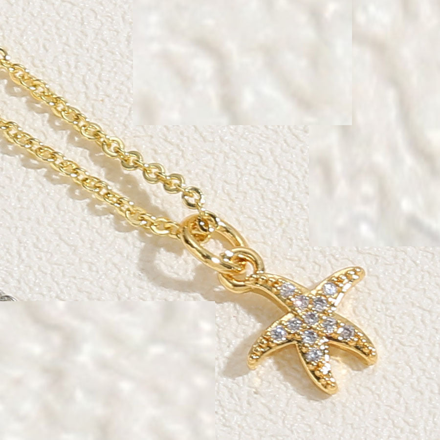 Vacation Beach Starfish Zircon Pendant Necklace - 14k Gold & White Gold Plated Ocean Series Choker