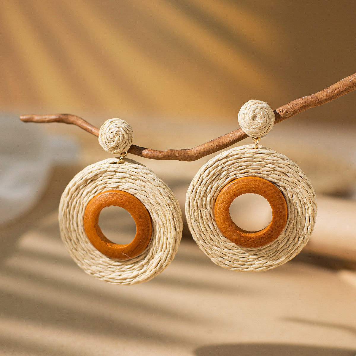 Bohemian Rattan Circle Braid Straw Drop Earrings for Vacation