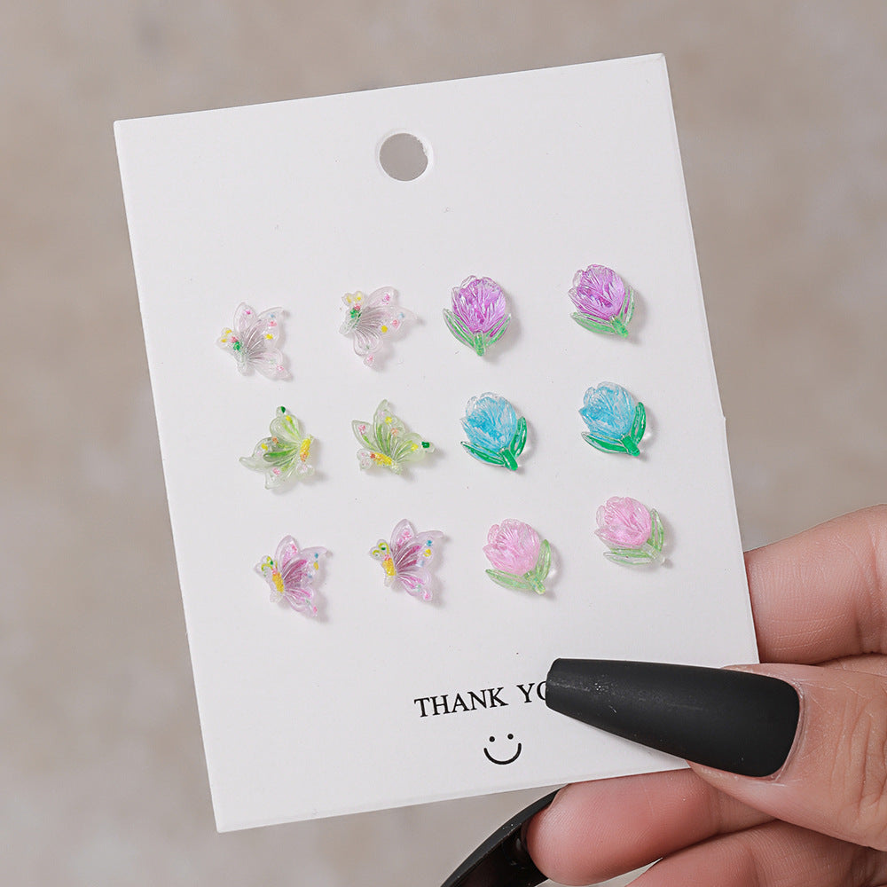 1 Set Colorful Resin Heart and Flower Stud Earrings - 6 Pairs Korean Style Jewelry for Women