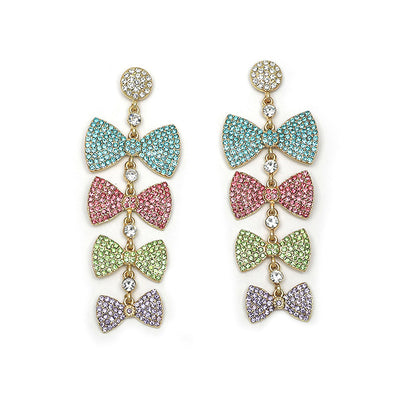 1 Pair Colorful Bow Knot Tassel Alloy Artificial Diamond Drop Earrings