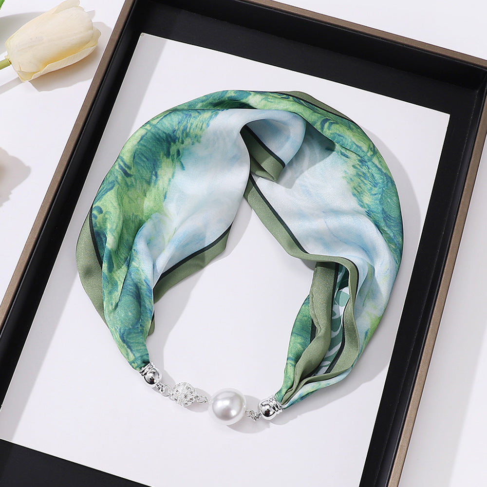 Women's Elegant Silk Print Scarf with Magnetic Letter Design