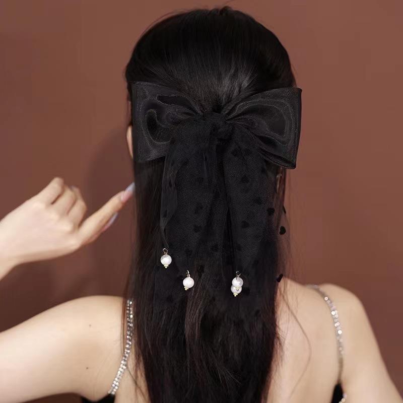 Heart Shape Lace Tassel Hair Tie with Pearl Mesh Band