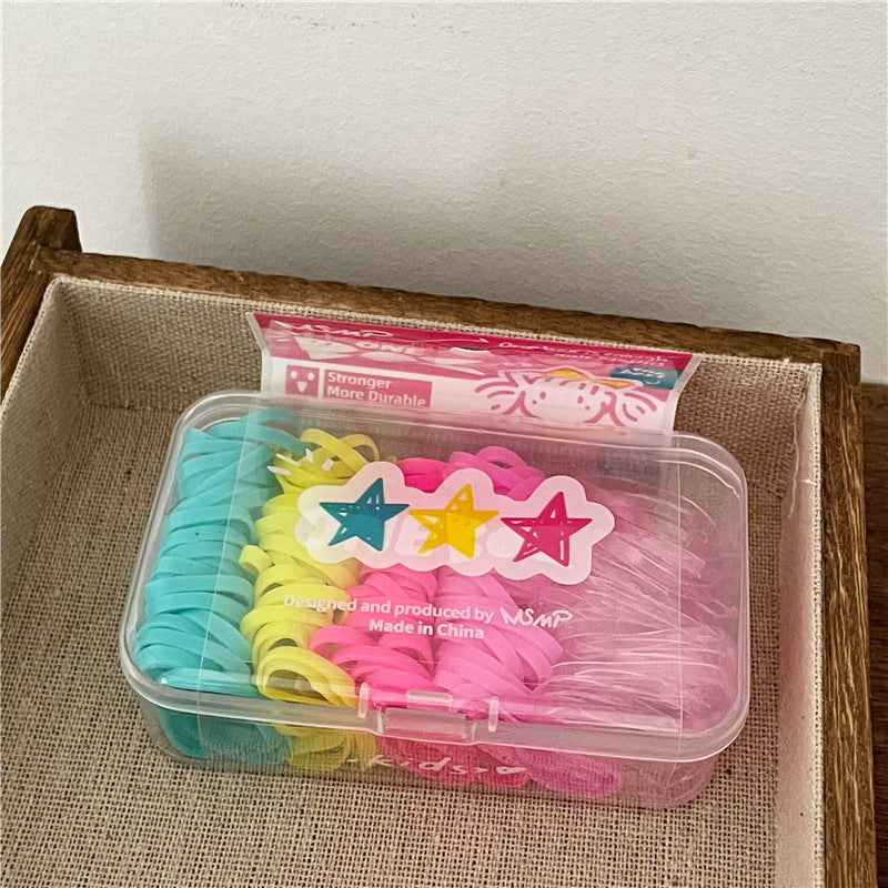 Cartoon Multicolor Elastic Hair Bands in Cream Box - 100 Pieces