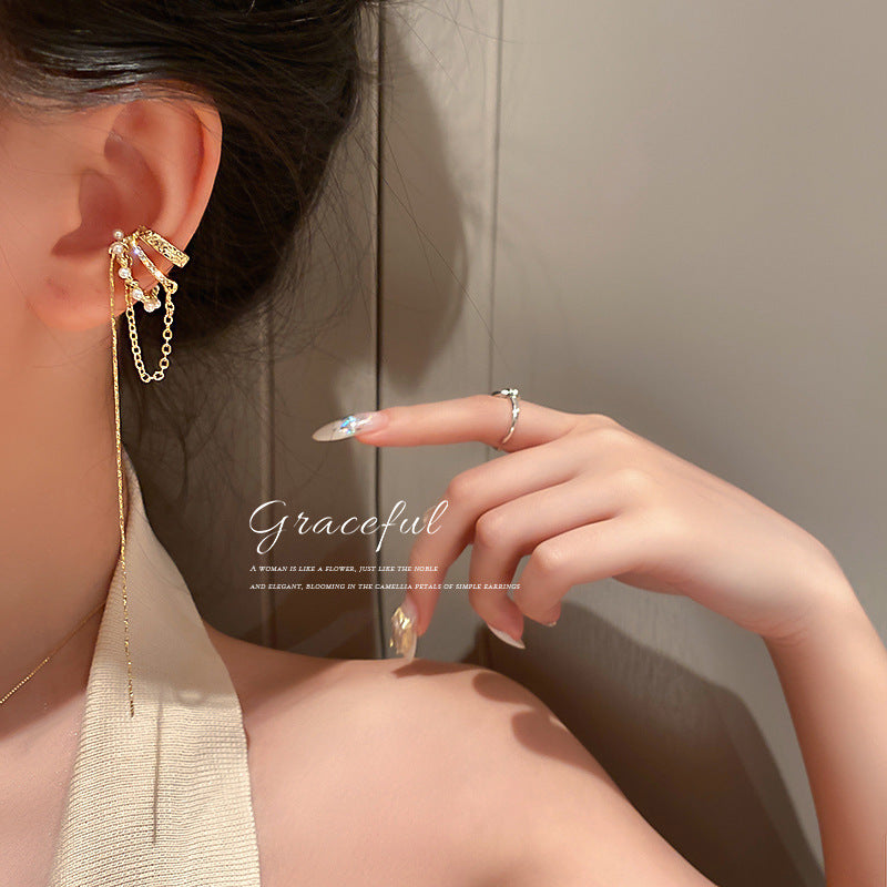 Silver Zircon Key Lock Open Ring & Tassel Ear Cuff Set