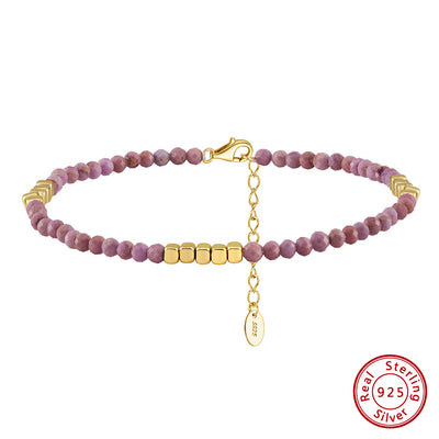 14K Gold Plated Geometric Beaded Sterling Silver Anklet with Purple Mica Stone