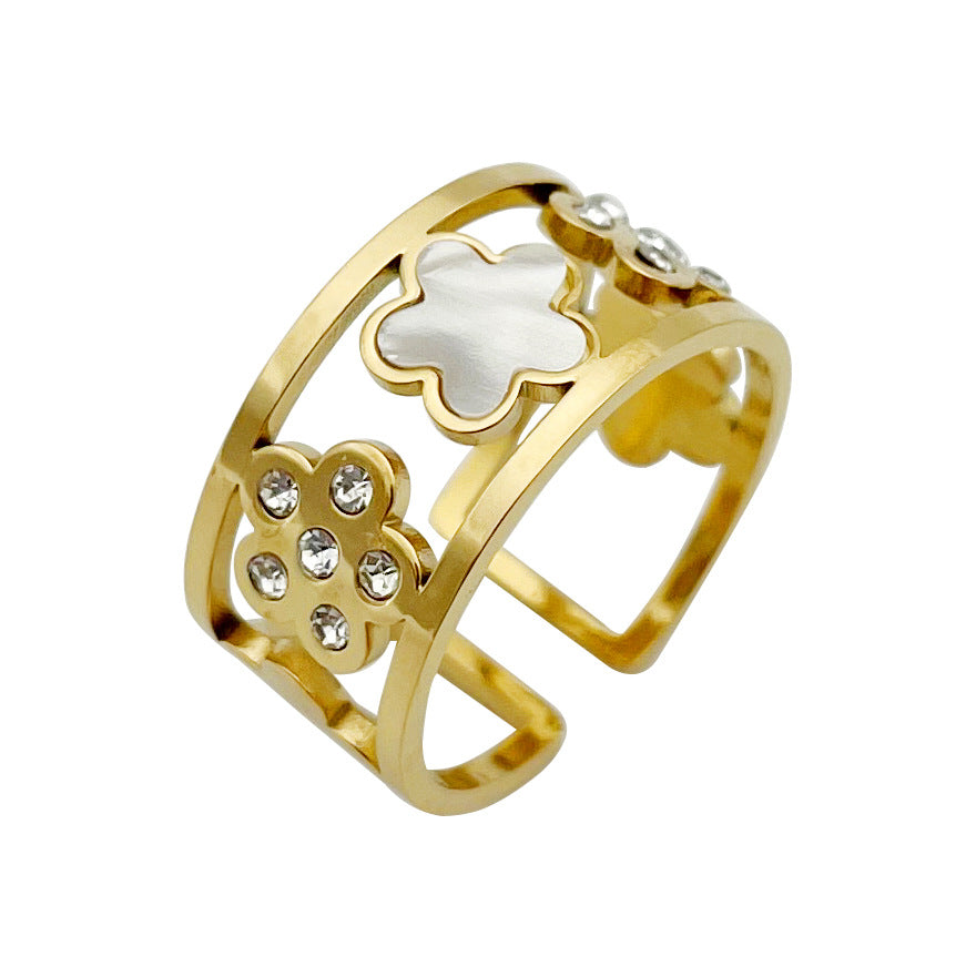 Geometric Floral Open Ring with Rhinestones in 18k Gold Plated Stainless Steel