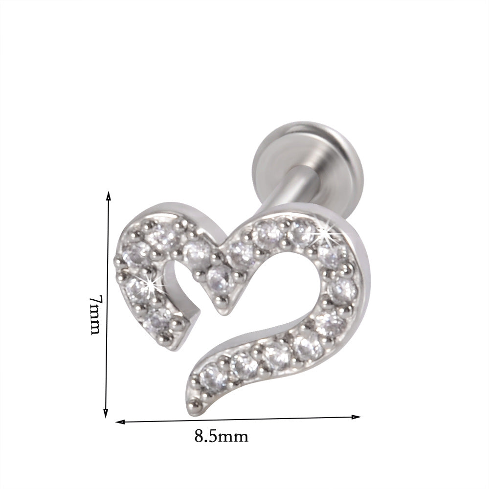 Heart & Moon Flower Lip and Ear Studs - Stainless Steel & Titanium with Zircon Inlay