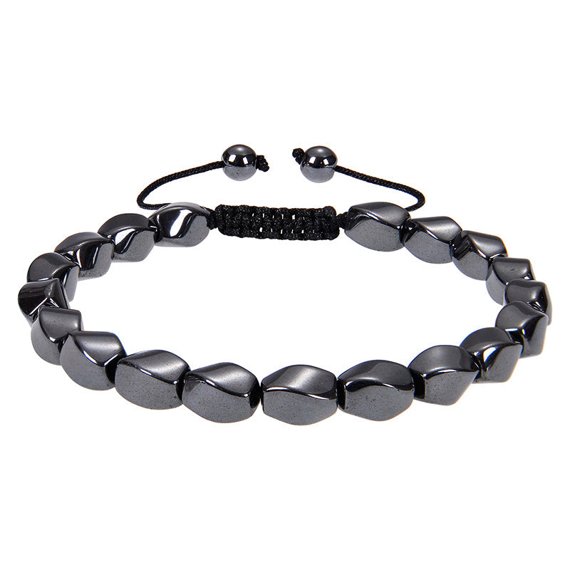 Retro Black Magnet Beaded Men's Bracelet with Heart Charm, Adjustable Braided Design