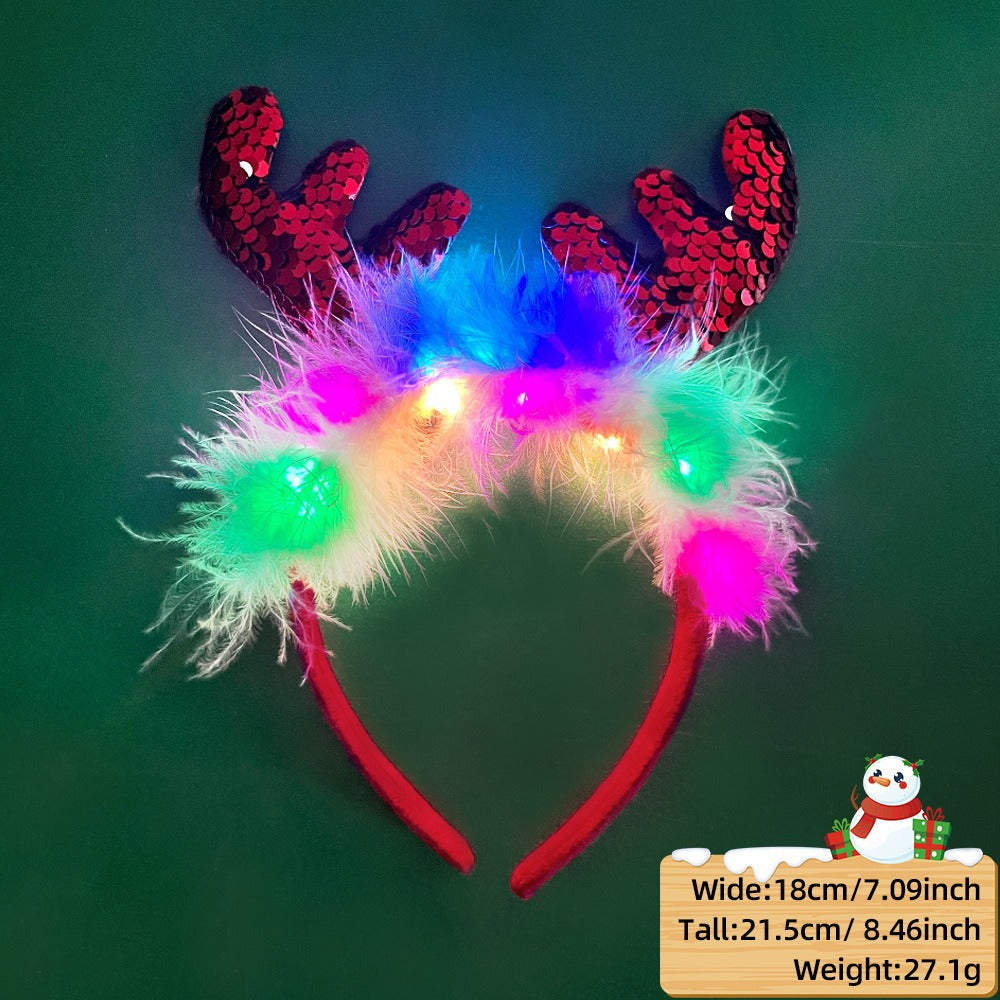 Christmas LED Light-Up Reindeer Antler Headband with Feather Trim