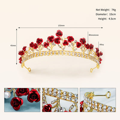 Baroque Red Rose Diamond Crown and Vintage Necklace Earring Set for Weddings