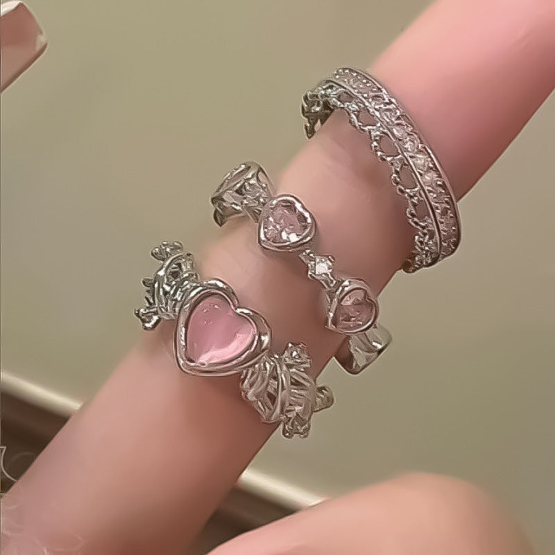 IG Style Heart Shape Alloy Gemstone Rhinestone Women's Open Ring Set