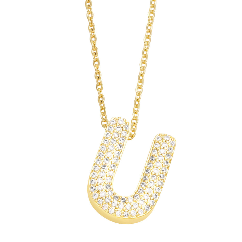 Simple Style 18K Gold Plated Alphabet Pendant Necklace with Zircon Inlay