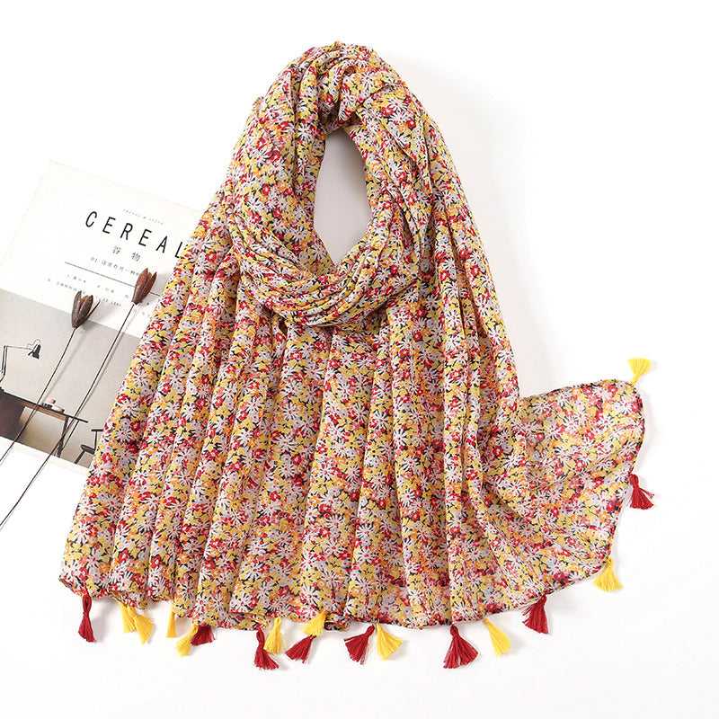 Women's Vintage Bohemian Floral Cotton Linen Print Scarf with Tassels