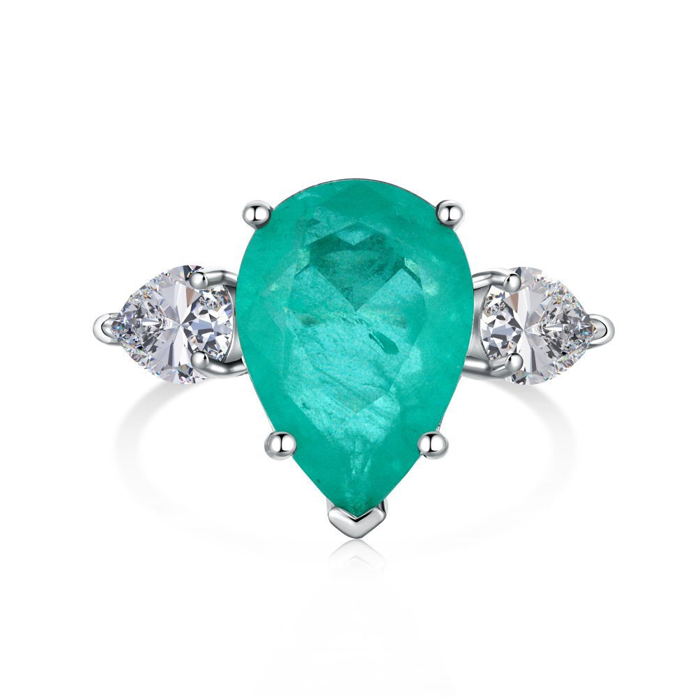 Fashion Square Water Droplets Heart Shape Sterling Silver Zircon Ring with Paraiba Tourmaline Simulated Gemstone