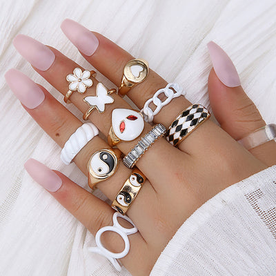 Vacation Butterfly Zircon Ring Set - Fashionable Alloy Inlay with Evil Eye Design (12 Pieces)