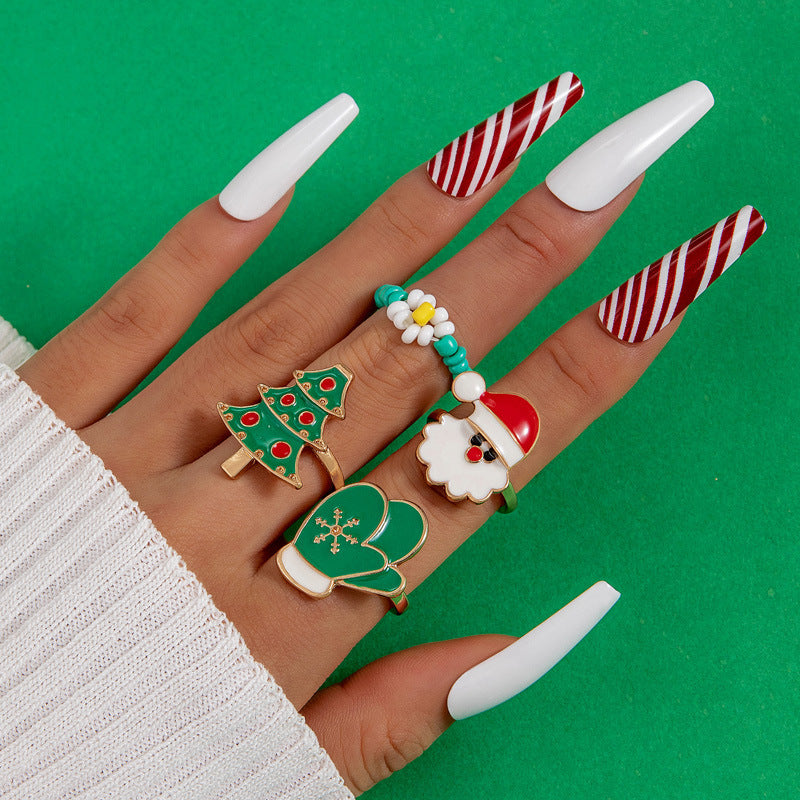 Cute Santa Claus Snowman Elk Enamel Alloy Ring Set for Women - 5 Pieces Holiday Collection