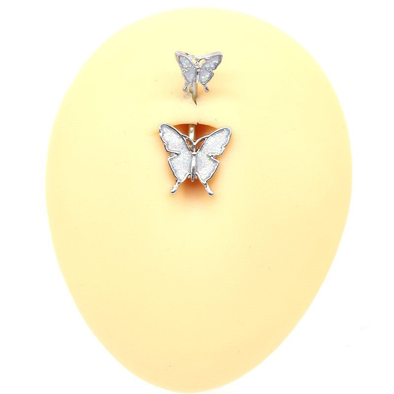 Tropical Heart-Shaped Floral Zircon Inlay Stainless Steel Navel Ring with Butterfly Design