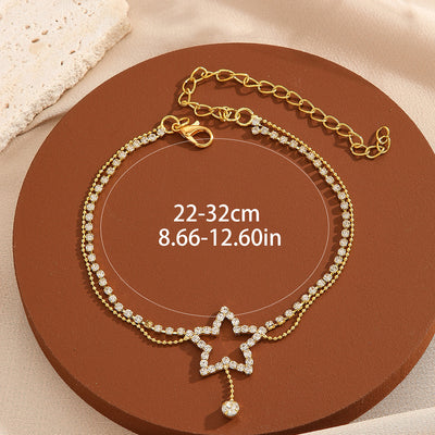 Classic Pentagram Stainless Steel Rhinestone Double Layer Anklet for Women