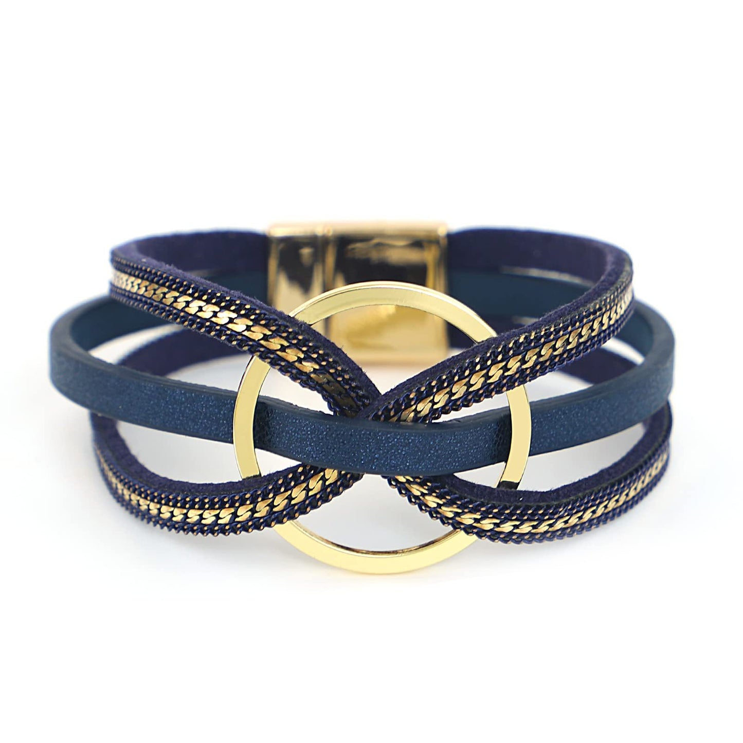 Multilayer Geometric Ring Magnetic Leather Bracelet
