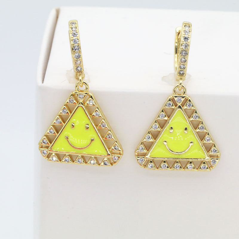 Elegant Geometric Triangle Smile Face Copper Drop Earrings