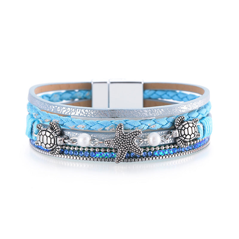 Vacation Tortoise Starfish Ethnic Leather Bracelet with Pearls and Rhinestones