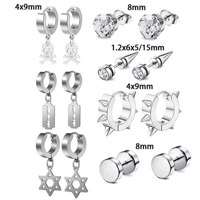 Punk Black Stainless Steel Zircon Stud Earrings Set for Men