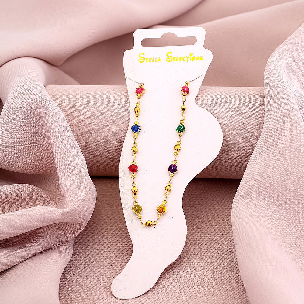 Modern Geometric 18K Gold Plated Stainless Steel Anklet with Natural Stone Accents