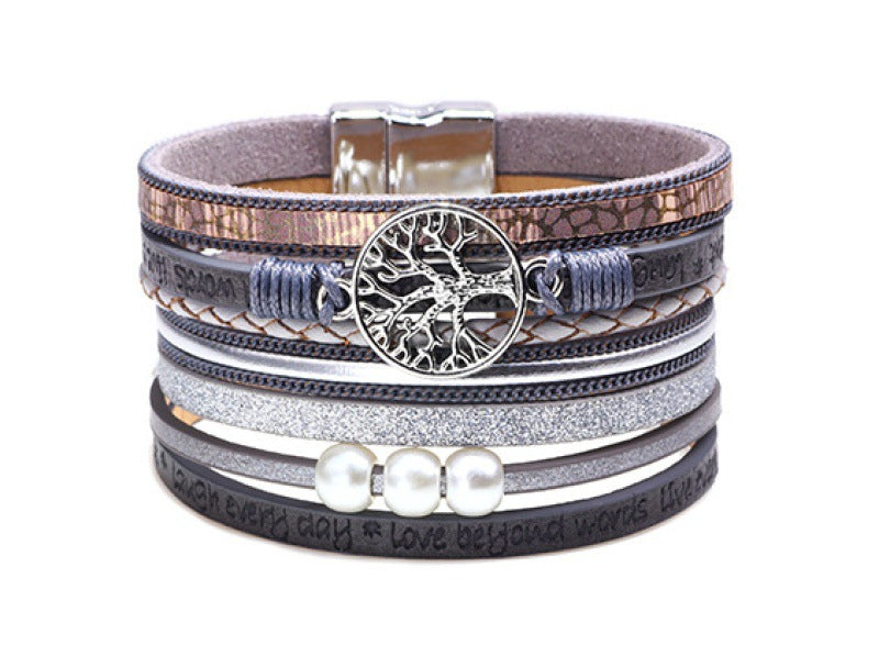 Vintage Hand-woven Leather Bracelet with Life Tree and Magnetic Buckle