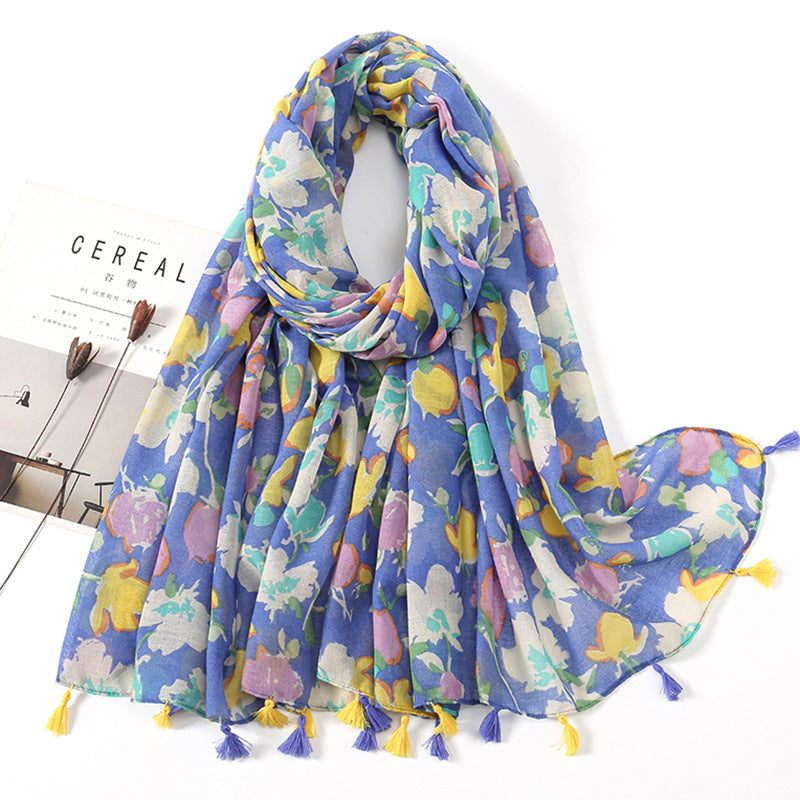 Women's Vintage Bohemian Floral Cotton Linen Print Scarf with Tassels