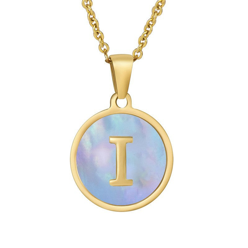 Titanium Steel Blue Shell Initial Pendant Necklace