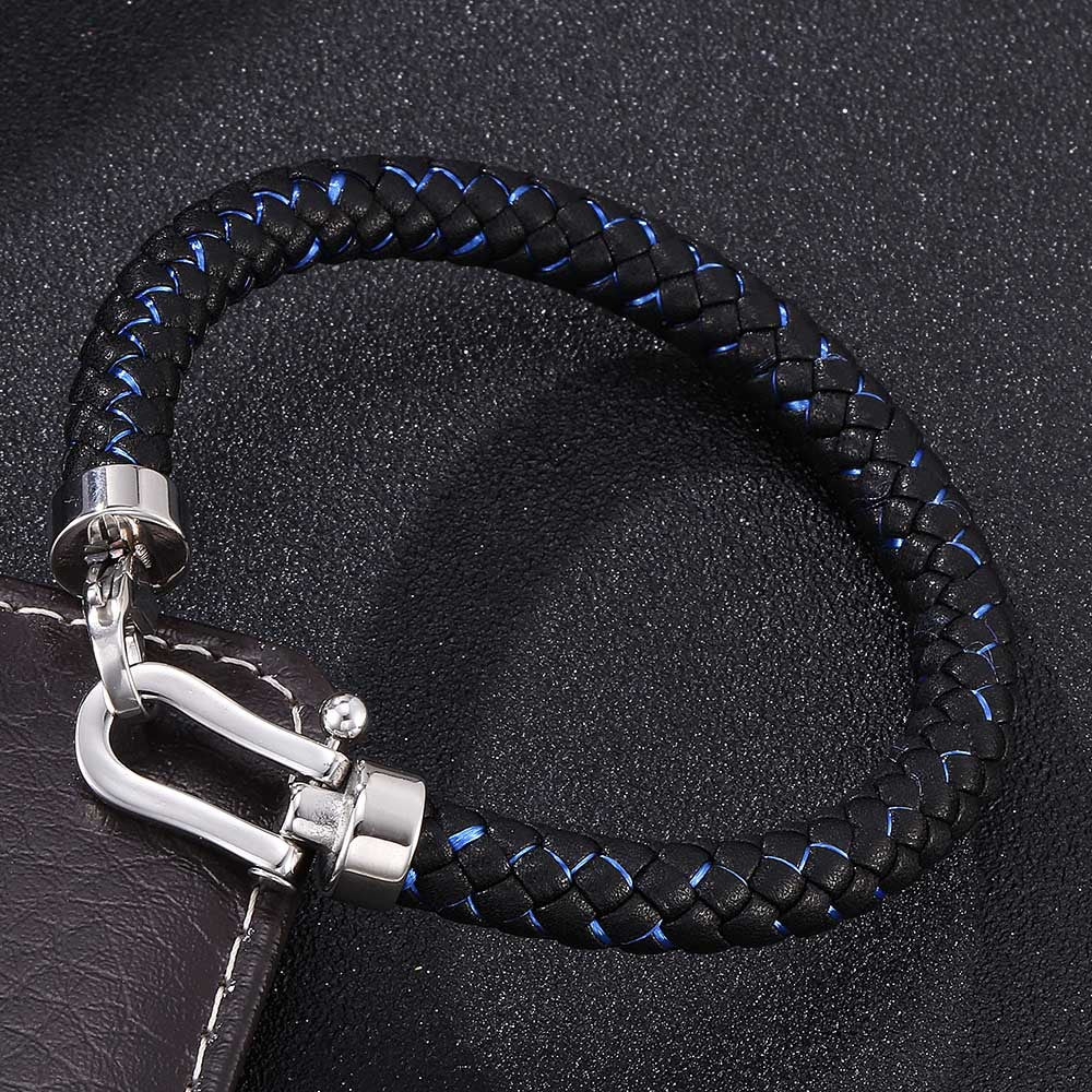 Retro Geometric Stainless Steel Leather Men's Bracelet with Horseshoe Buckle