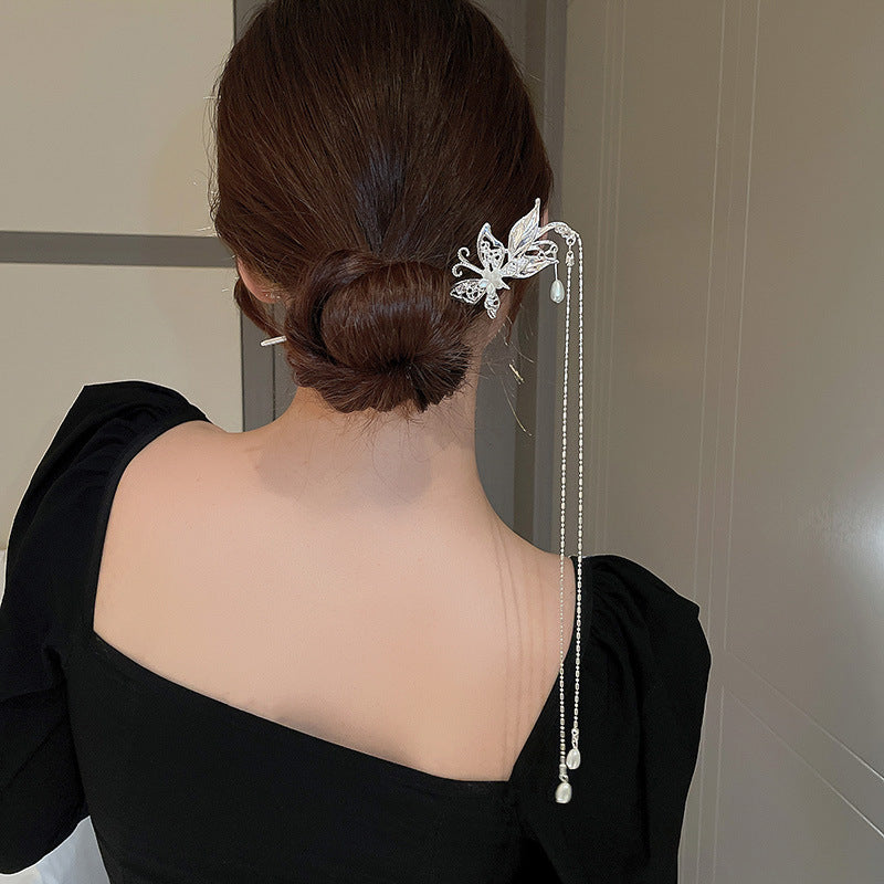 Chinoiserie Floral Pearl Fringe Alloy Hairpin for Women