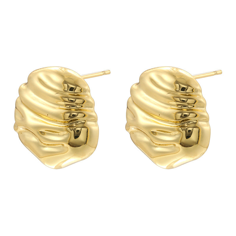 1 Pair Vintage Style 18K Gold Plated Sector Square Copper Ear Studs with Shell Stripe Texture Heart Hoops