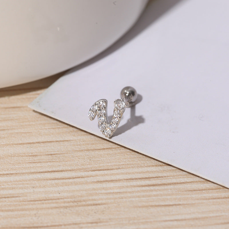 IG Style Shiny Letter Zircon Inlay Stainless Steel Cartilage Stud Earrings with Threaded Screw Closure