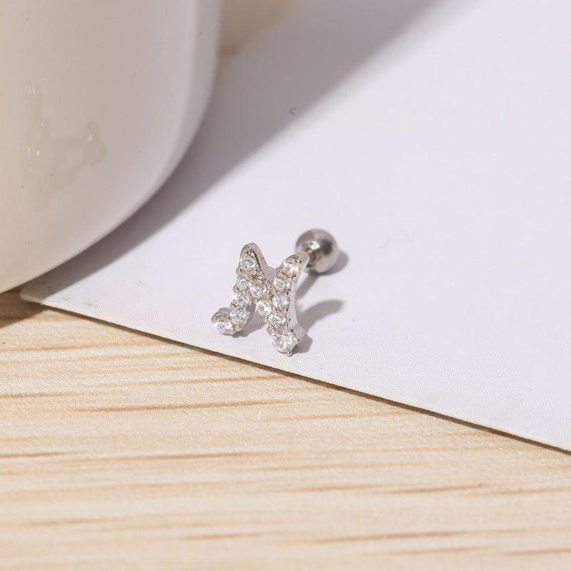 IG Style Shiny Letter Zircon Inlay Stainless Steel Cartilage Stud Earrings with Threaded Screw Closure