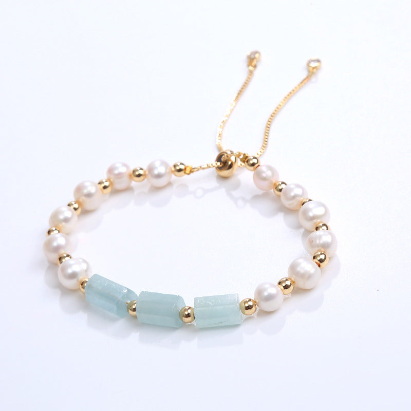 Aqua Blue Natural Stone Beaded Bracelet with Pearl and Zircon Accents