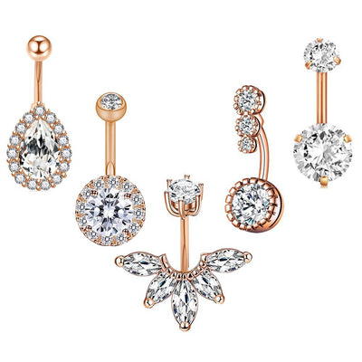 Fashion Water Droplets Zircon Inlay Stainless Steel Belly Ring Set - 5 Pieces