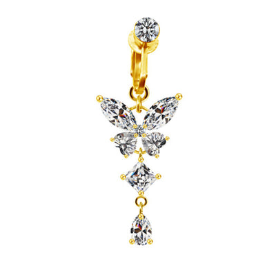 Heart Shape Butterfly Planet Fake Belly Ring - 316 Stainless Steel with Rhinestones