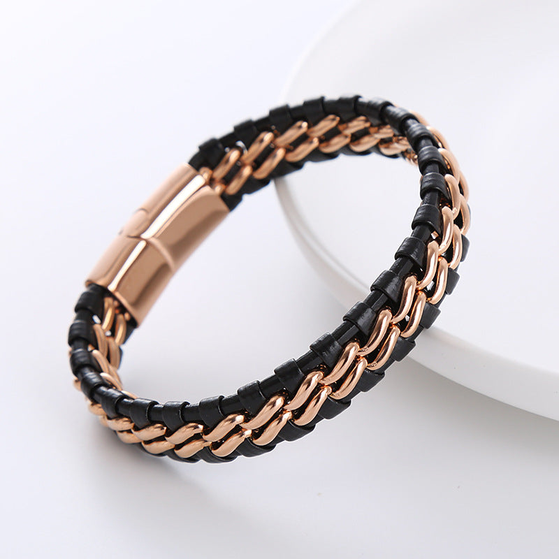 Geometric Stainless Steel Double Chain Braided Leather Men's Bracelet