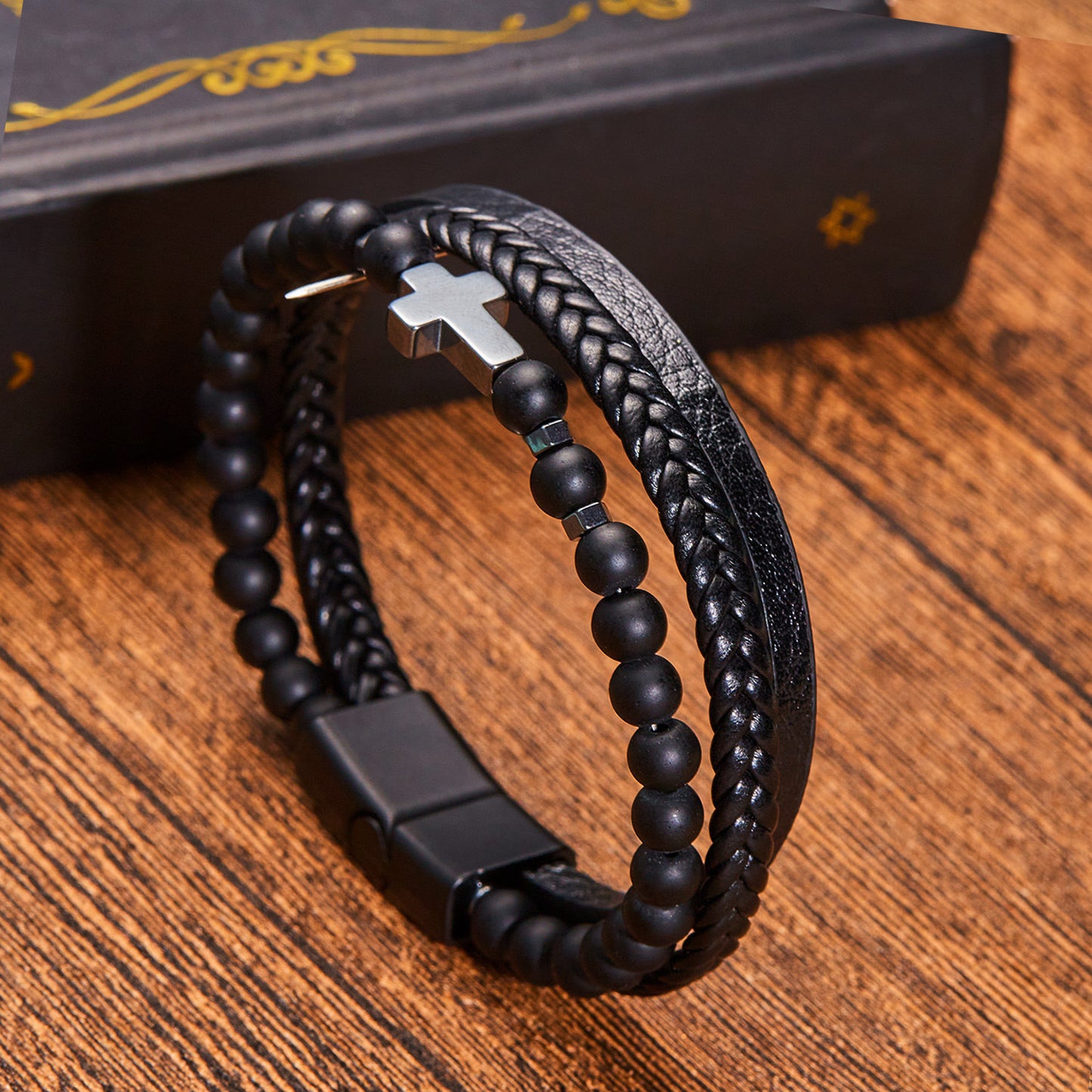 Hip-Hop Cross Alloy Men's Multi-Layer Leather Beaded Bracelet